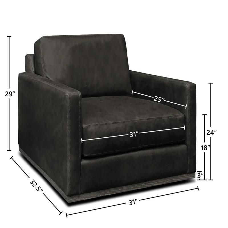 Anthracite Top Grain Leather Swivel Armchair with Brown Wood Base