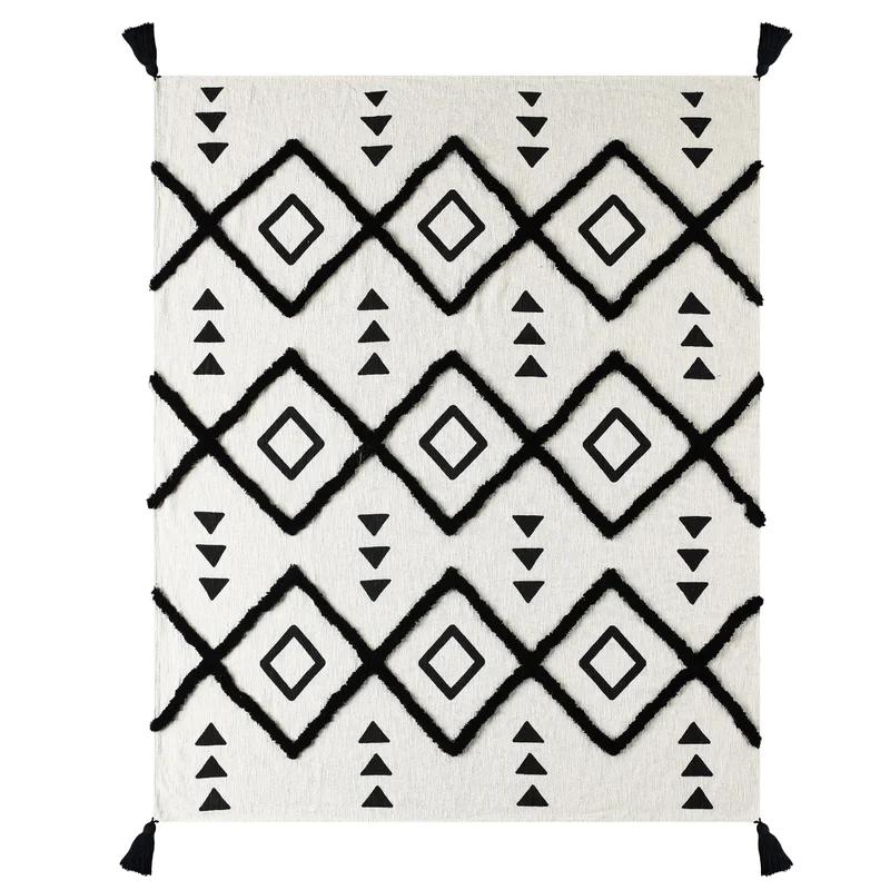 Handmade Tufted Cotton Throw Blanket - Geometric Black/White 50"x60"
