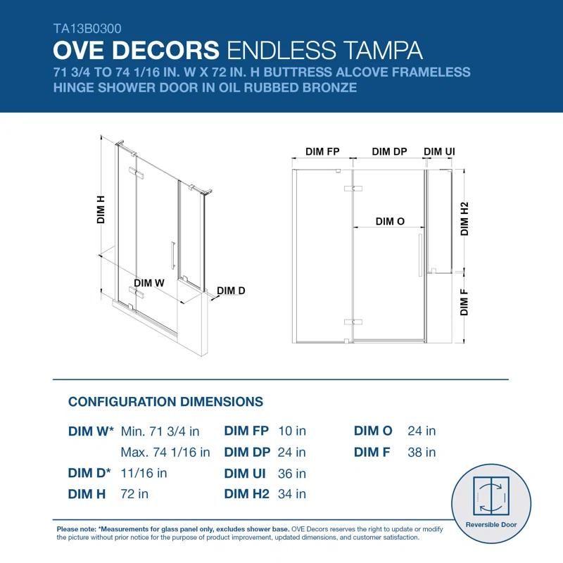 Endless Tampa 46" W x 72" H Corner Frameless Shower Kit, Door, 2 Panel