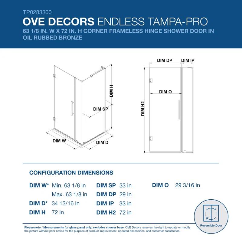 Endless Tampa 46" W x 72" H Corner Frameless Shower Kit, Door, 2 Panel