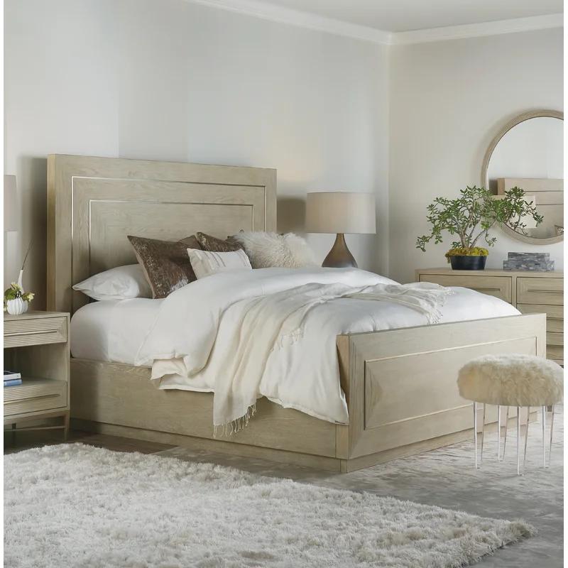 Beige Oak Veneer California King Panel Bed with Headboard