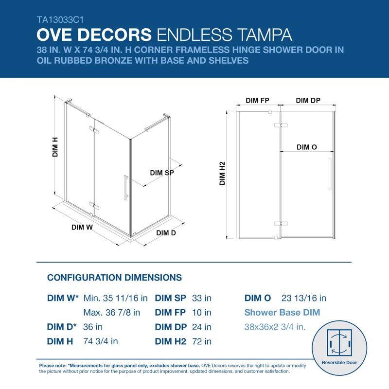 Endless Tampa 37" W x 72" H Corner Frameless Shower Kit, Door, 2 Panel, Base, Shelves