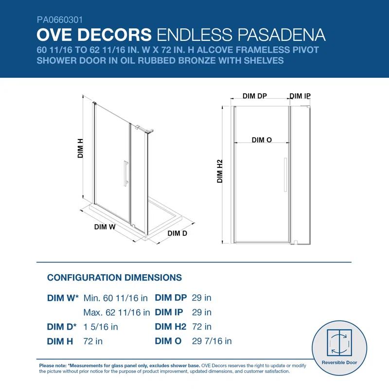 Endless Pasadena 62" W x 72" H Alcove Frameless Shower Kit, Door, Panel, Shelves