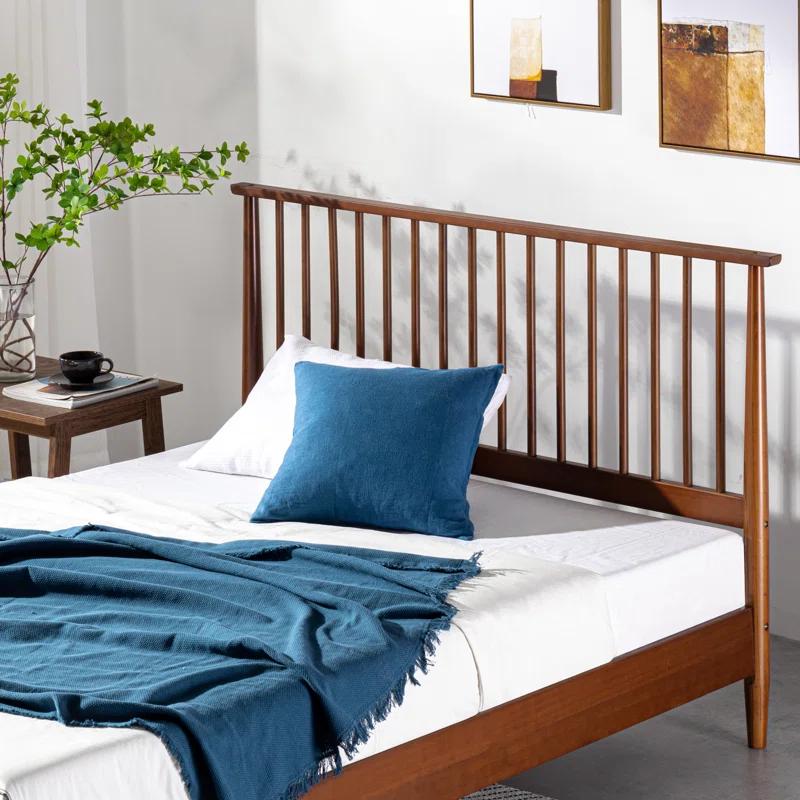 Elegant Linda Mid-Century Queen Platform Bed with Spindle Headboard, Pine