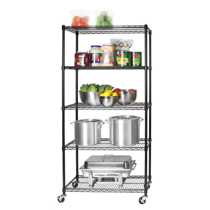 36" Black 5-Tier NSF-Certified Steel Wire Shelving with Wheels