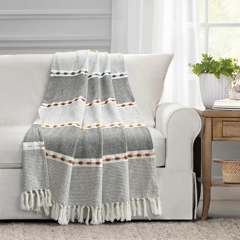 Black and White Herringbone Cotton Throw Blanket with Tassels