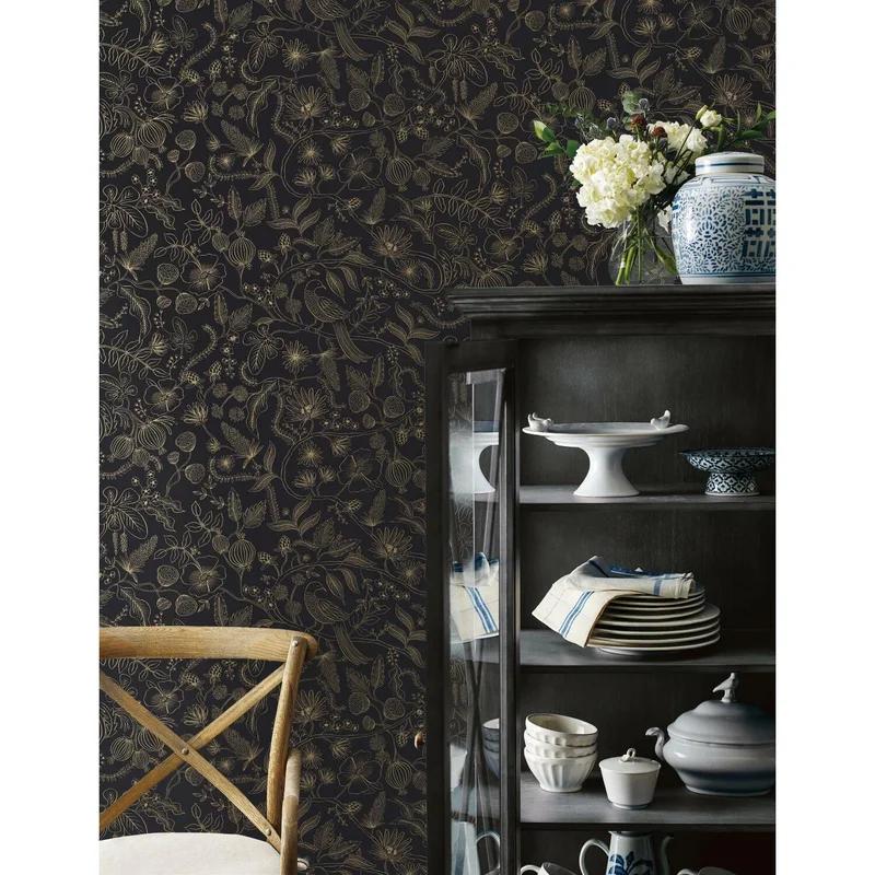 Elegant Aviary Black & Gold Peel and Stick Wallpaper Roll