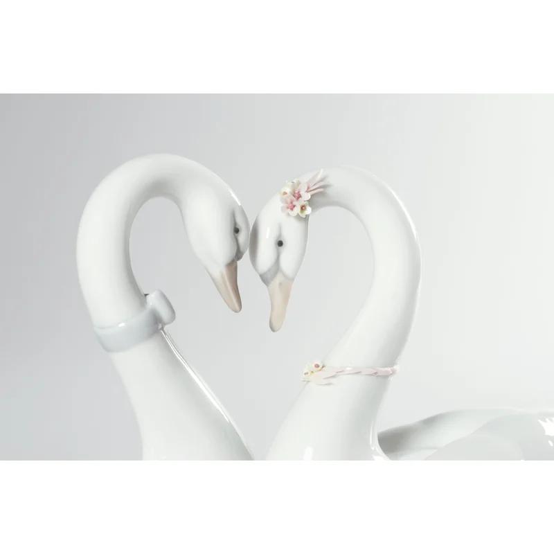 Elegant Swan Love Heart Glossy White Porcelain Figurine