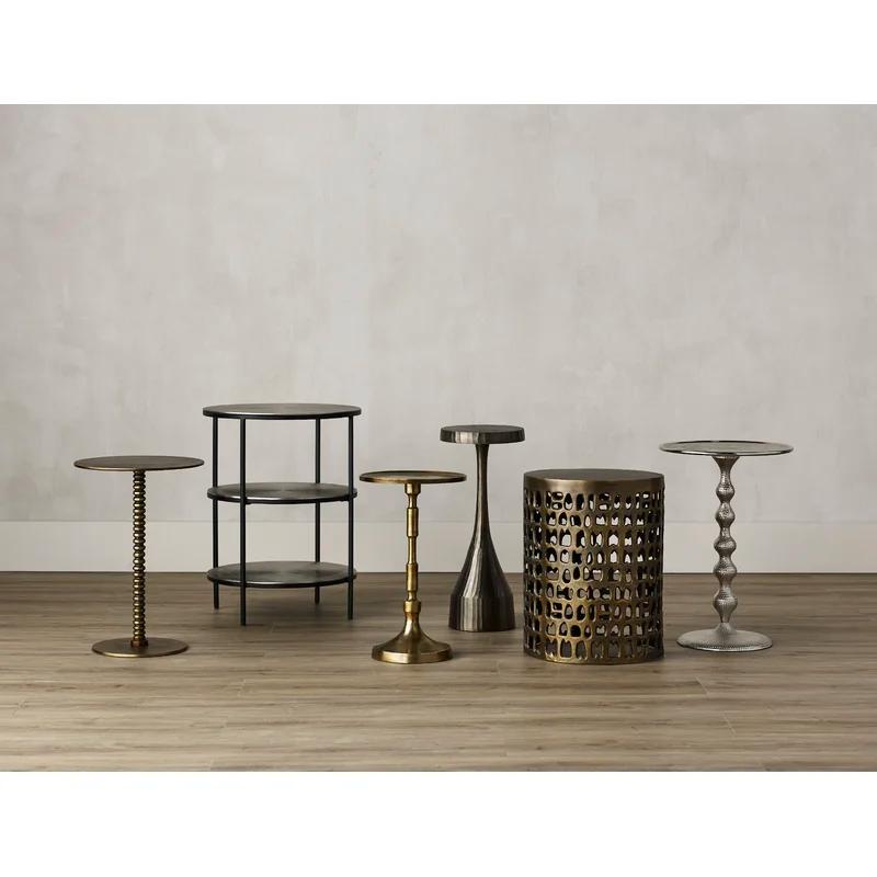 Round Cane Pewter and Black Metal Accent Table