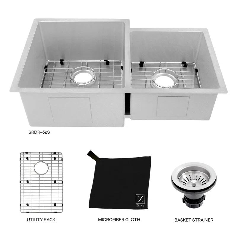ZLINE 32 in. Jackson Undermount Double Bowl Satin Stainless Steel Kitchen Sink with Bottom Grid