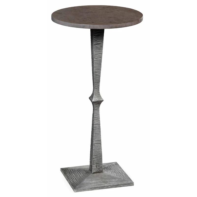 Grey Burl Top Round End Table with Textured Steel Base