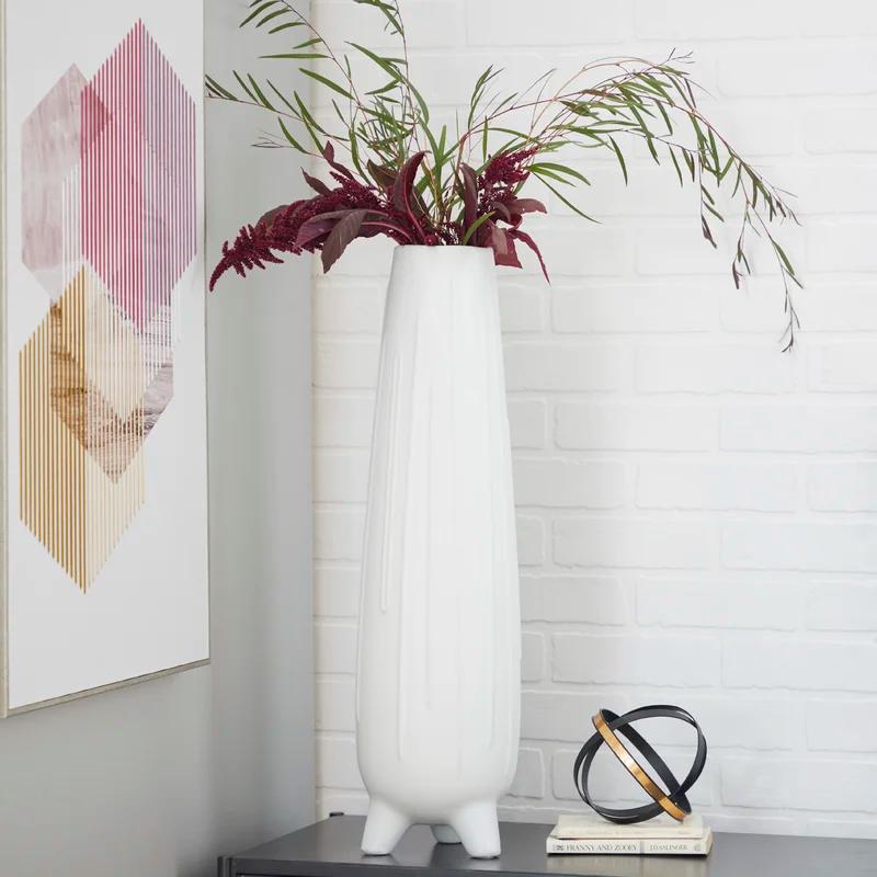 Elevated White Ceramic Teardrop Vase with Vertical Grooves