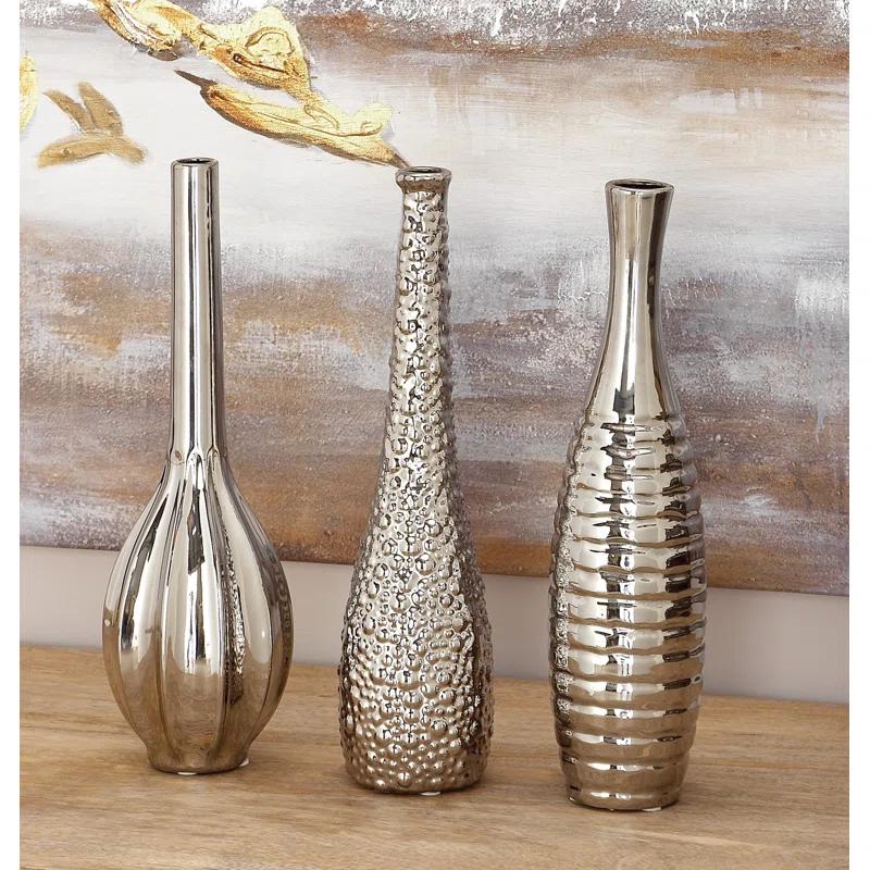 Elegant Trio Silver Ceramic Vase Set with Textured Finish