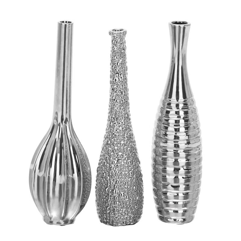 Elegant Trio Silver Ceramic Vase Set with Textured Finish