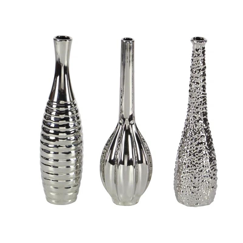 Elegant Trio Silver Ceramic Vase Set with Textured Finish