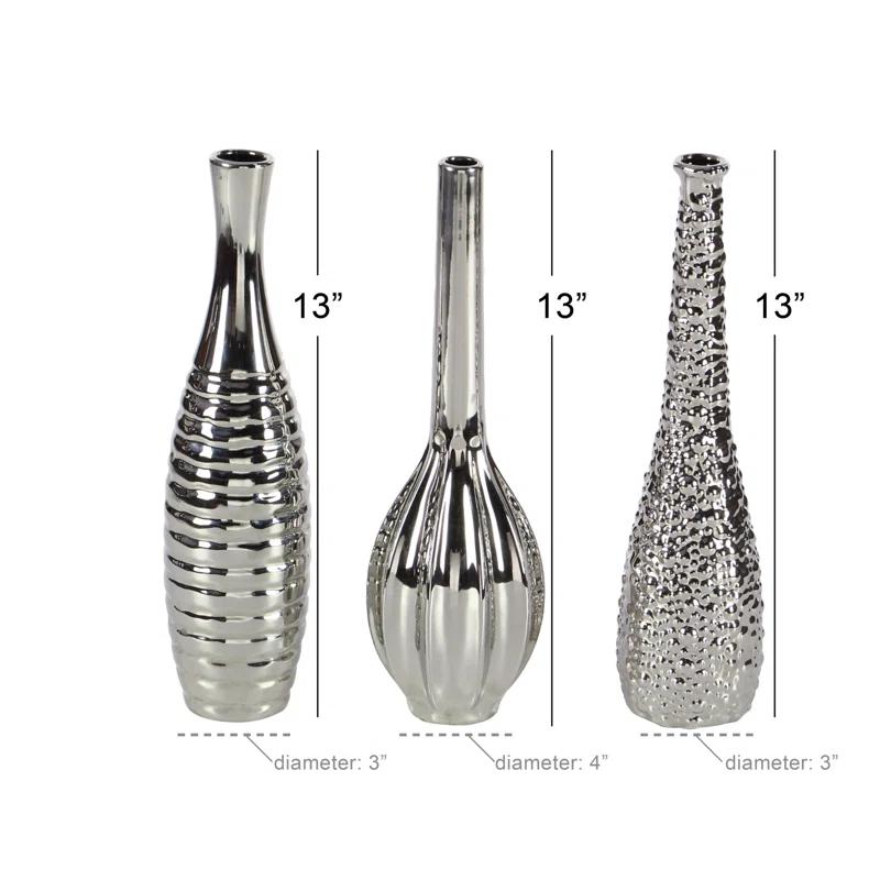 Elegant Trio Silver Ceramic Vase Set with Textured Finish