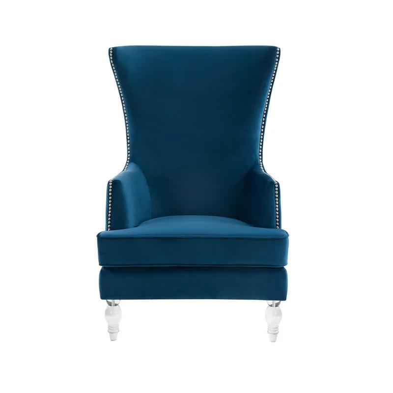 Regal Navy Velvet Wingback Accent Chair with Wooden Legs