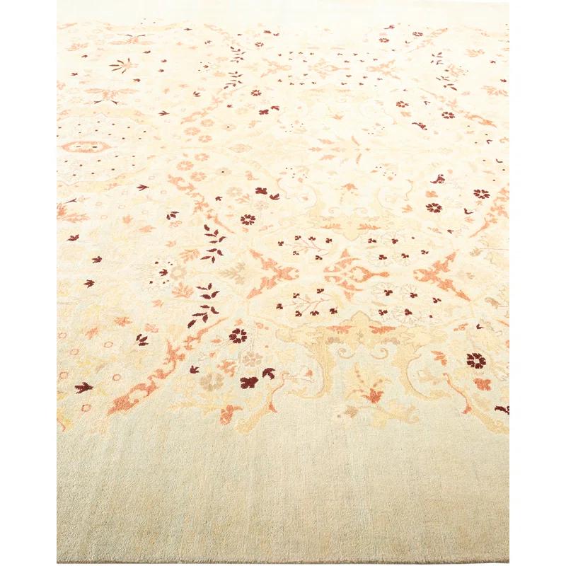 Ivory Floral Hand-Knotted Wool Rectangular Area Rug 8' x 10'