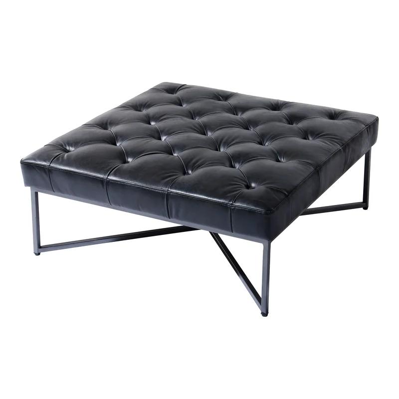 Somerton Tufted Black Leather Ottoman with Pine X-Base