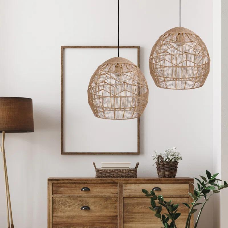 Mistana™ 15.5" Ames Metal and Woven Hemp Rope Hanging Pendant, Brown