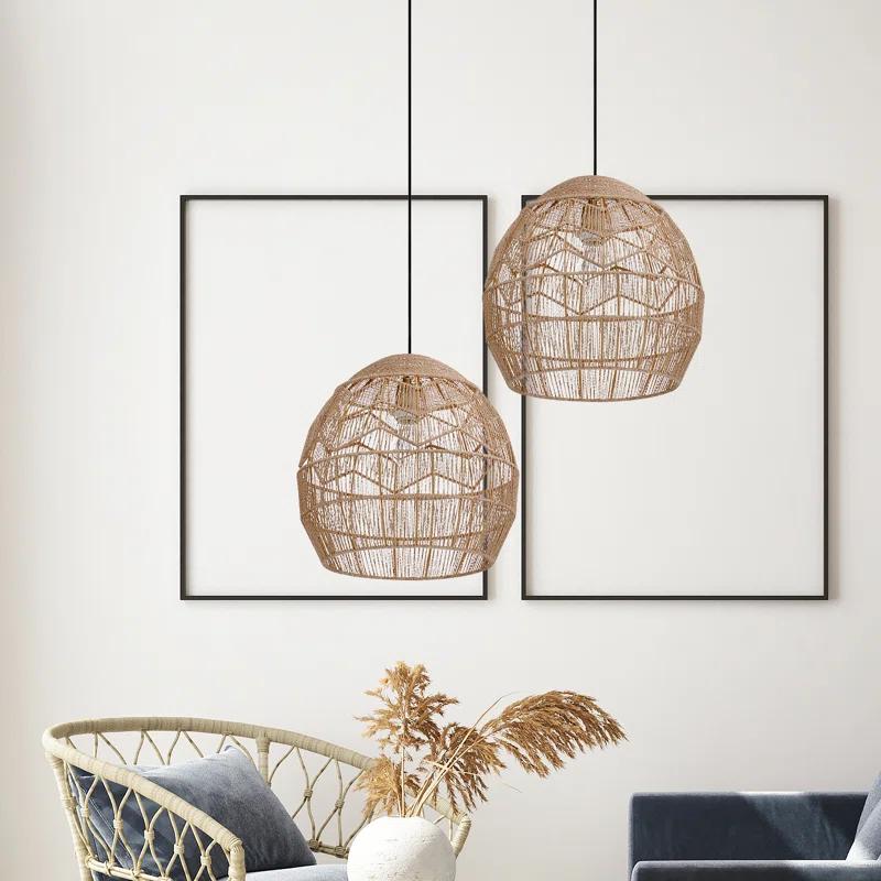 Mistana™ 15.5" Ames Metal and Woven Hemp Rope Hanging Pendant, Brown