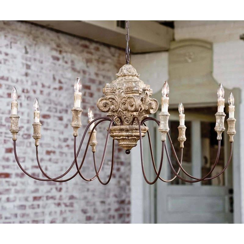 Antique Natural Wood Carved 8-Light Chandelier