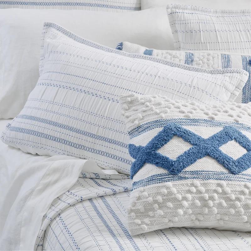 Serenity Woven Dobby Stripe Cotton Sham - Standard/Queen, White and Blue