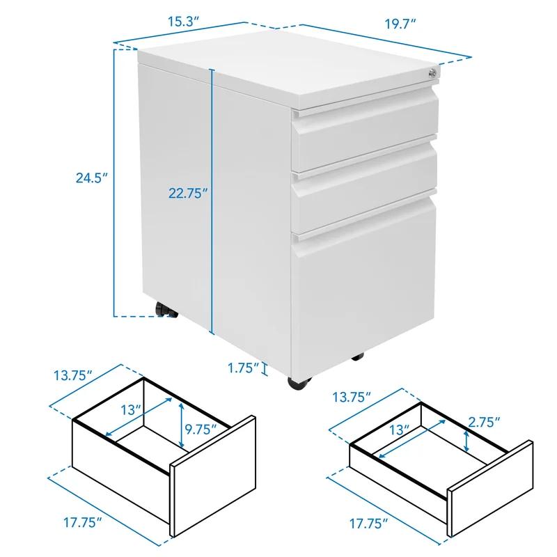 White Steel Mobile 3-Drawer Lockable File Cabinet