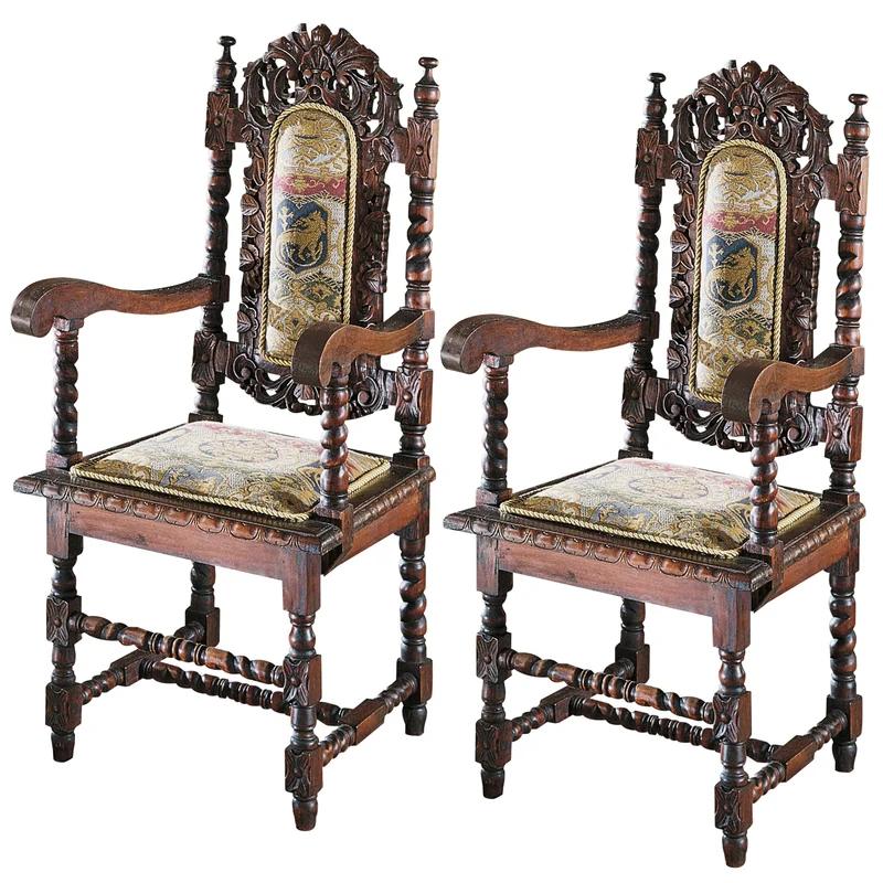 Handcrafted Charles II Solid Mahogany Armchair with Jacquard Tapestry