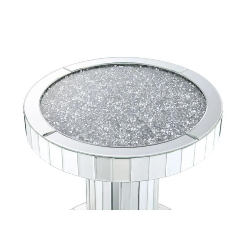 Round Silver Wood and Glass Mirrored End Table