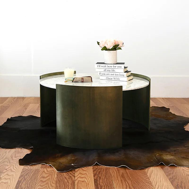 Contemporary 36'' Round Marble Top Coffee Table in Painted Bronze