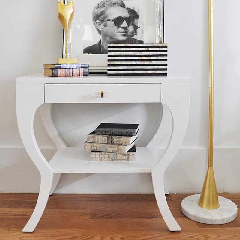 Sonya Glossy White Lacquered Wood End Table with Acrylic Hardware