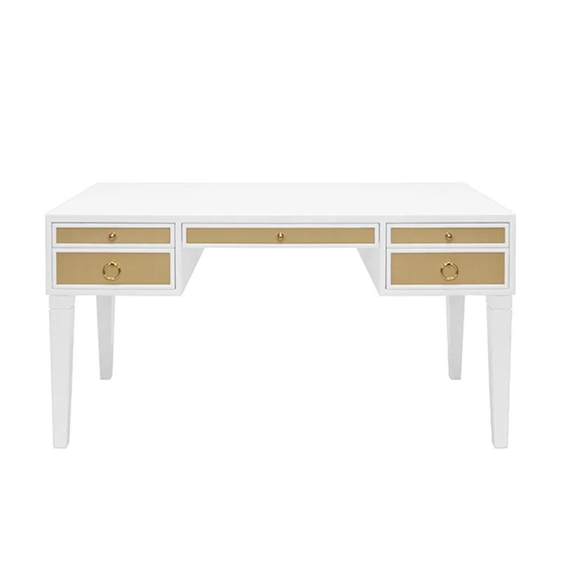 Contemporary White Foldable Writing Desk with Brass Hardware and Grasscloth Drawer