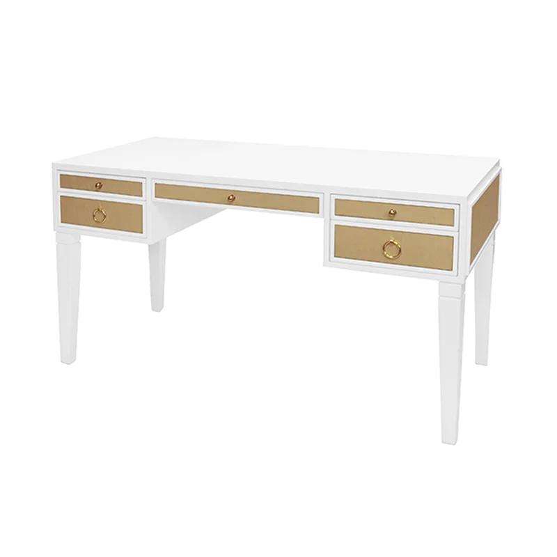 Contemporary White Foldable Writing Desk with Brass Hardware and Grasscloth Drawer