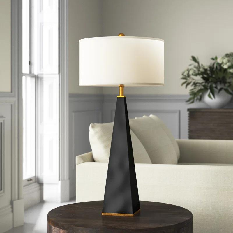 Elle Glossy Black Triangular Resin Table Lamp with White Linen Shade