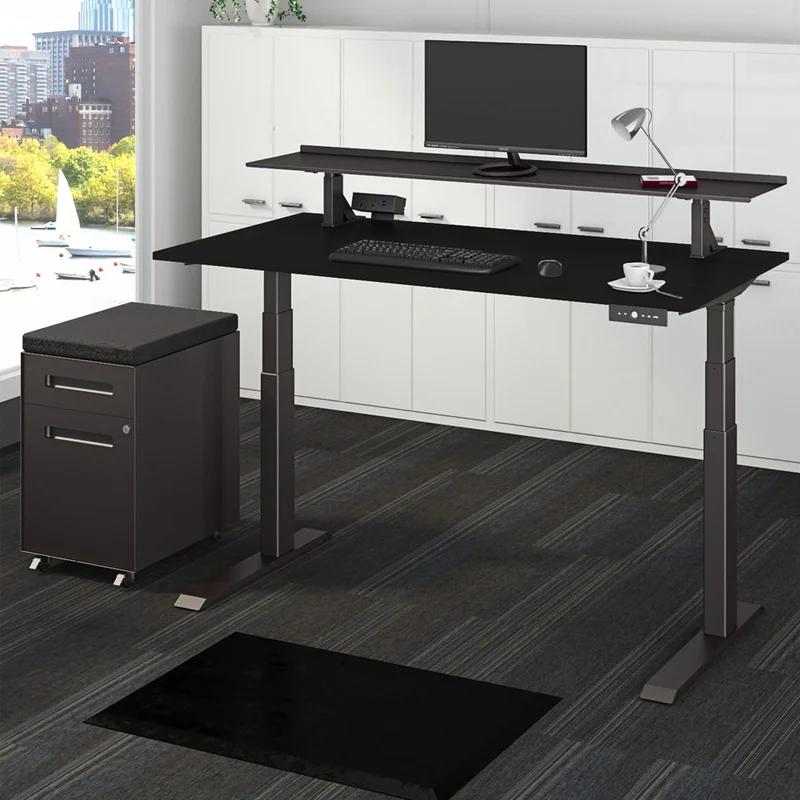 Black Adjustable Height Split Top Standing Desk with Monitor Shelf