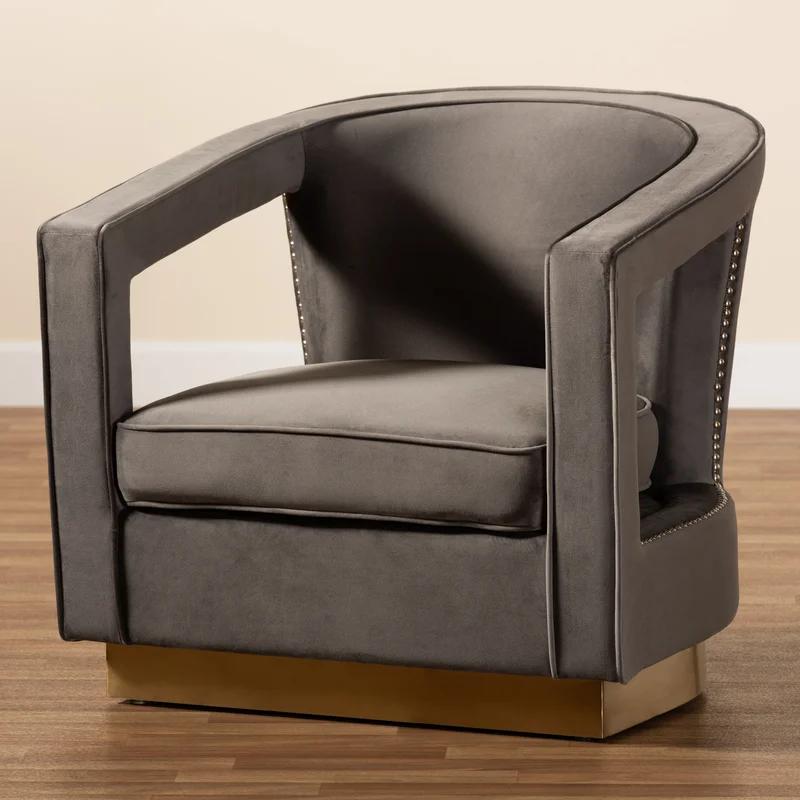 Elegant Grey Velvet Barrel Accent Chair with Gold Metal Base