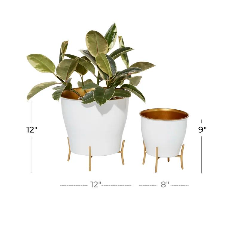 Farmhouse Chic White & Gold Metal Planters with X-Shaped Stand, Set of 2