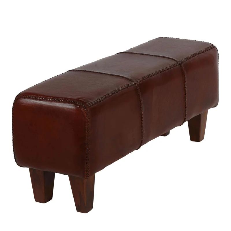 Morgan Rustic Solid Wood Legs Genuine Leather Bench in Brown
