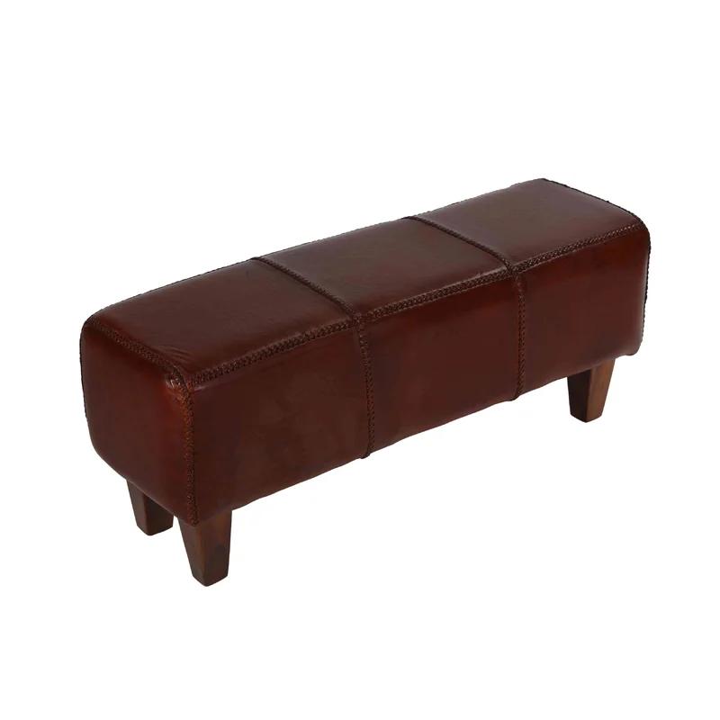Morgan Rustic Solid Wood Legs Genuine Leather Bench in Brown