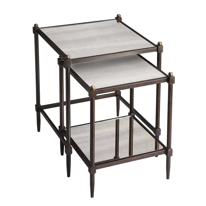 Pewter Finish Mirrored Nesting End Tables with Gold Accents
