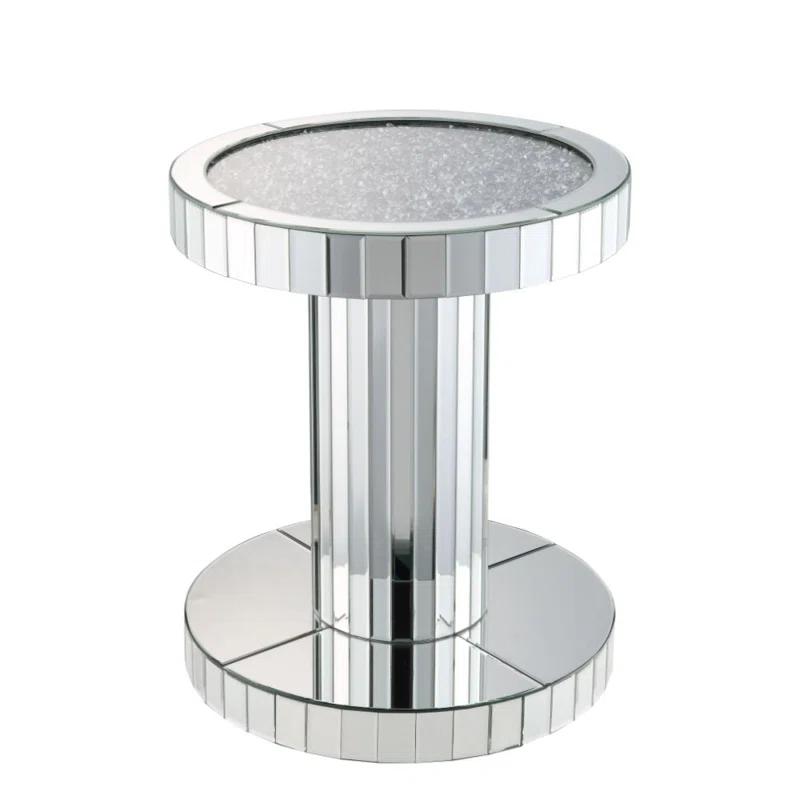 Round Silver Wood and Glass Mirrored End Table