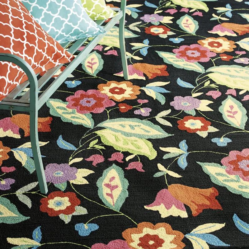 Samantha Floral Hand Hooked Black/Orange/Pink Area Rug