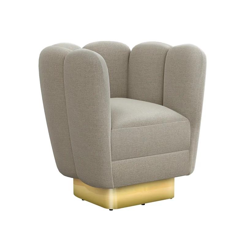 Feather Gray Chenille Handcrafted Swivel Barrel Chair with Polished Brass Base