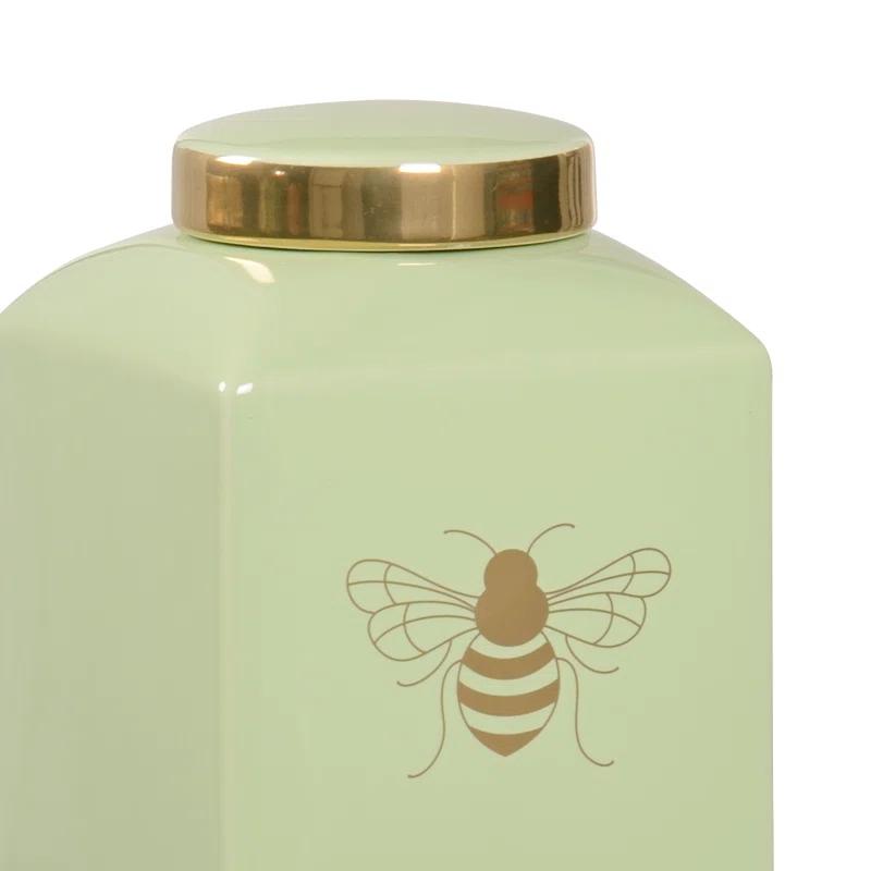 Light Green and Gold Ceramic Ginger Jar with Royal Bee Design