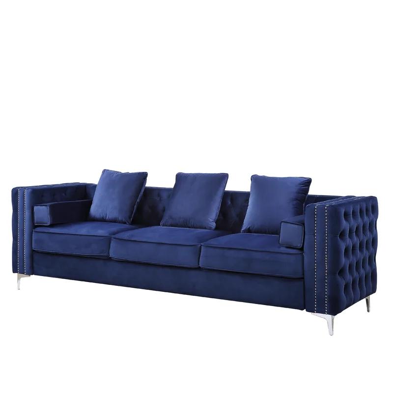 88'' Luxe Blue Velvet Tufted Sofa with Nailhead Trim & Ottoman