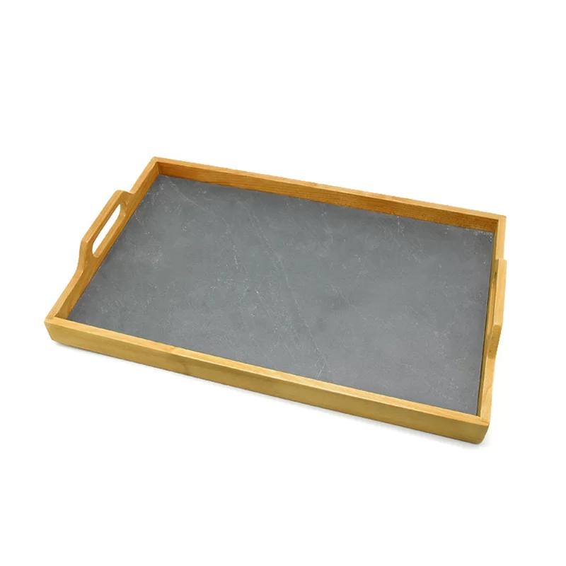 Vintage Pine Wood Serving Tray with Hand-Cut Slate Insert