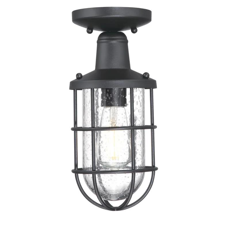 Crestview Vintage-Style 12'' Black Outdoor Semi Flush Mount with Clear Seeded Glass