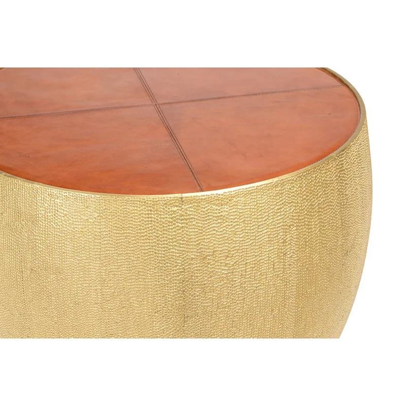 Luxurious Round Wood and Hammered Brass Drum End Table