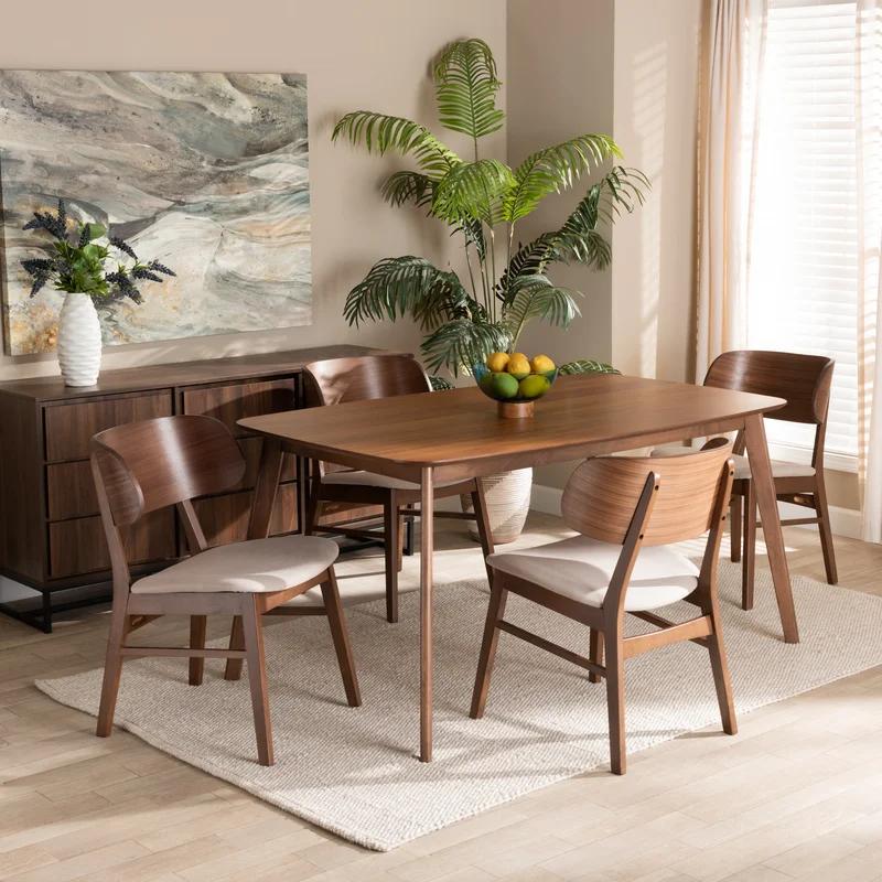 Alston Mid-Century Walnut 5-Piece Dining Set with Beige Upholstered Chairs